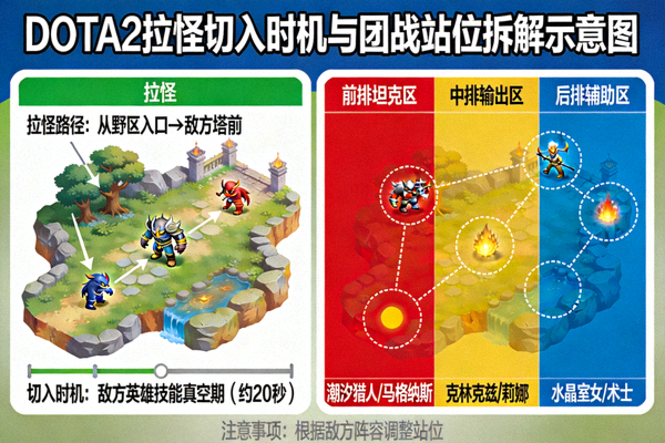 DOTA2拉怪切入时机与团战站位拆解示意图