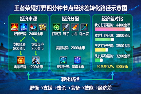 王者荣耀打野四分钟节点经济差转化路径示意图